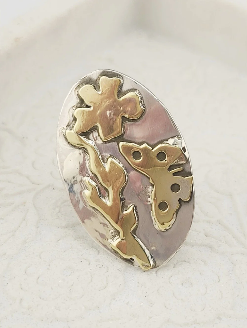 STERLING SILVER & BRASS BOTANICAL HANDMADE RING MIX METAL DESIGN SIZE 7